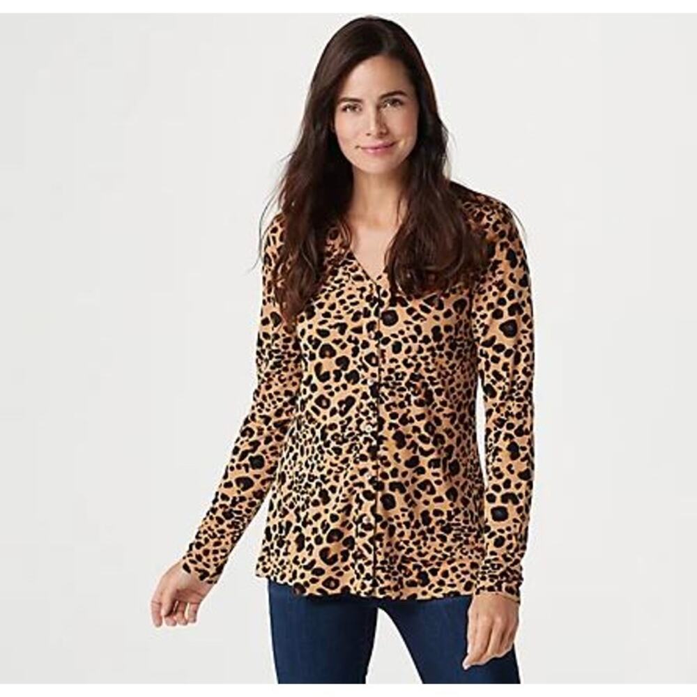Isaac Mizrahi Live Top Womens Large Stretch Leopard Blouse Swing Tunic Classy